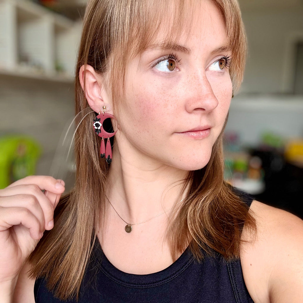 'Selene' in Autumn Moon: Black and White Floral Maroon Moon Dangle Earrings