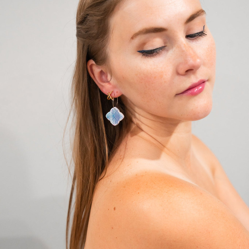 Cornflower Blue Rounded Diamond Ceramic Hoop Earrings