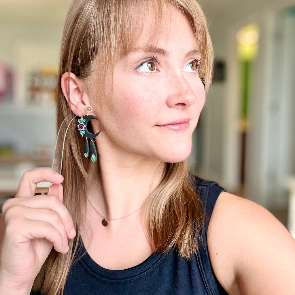 'Selene' in Wildflower Moon: Purple Floral Black Moon Dangle Earrings