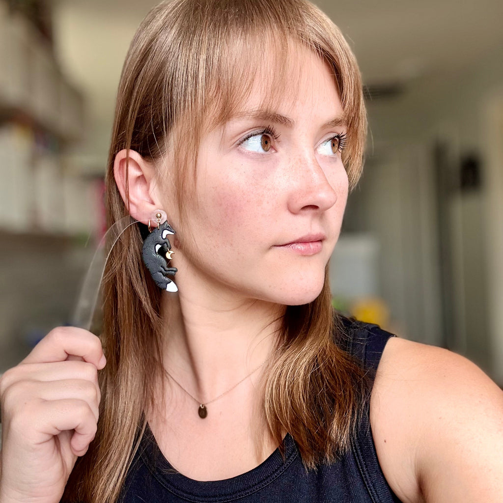 "Moonlit Foxes" Black Fox Dangle Earrings