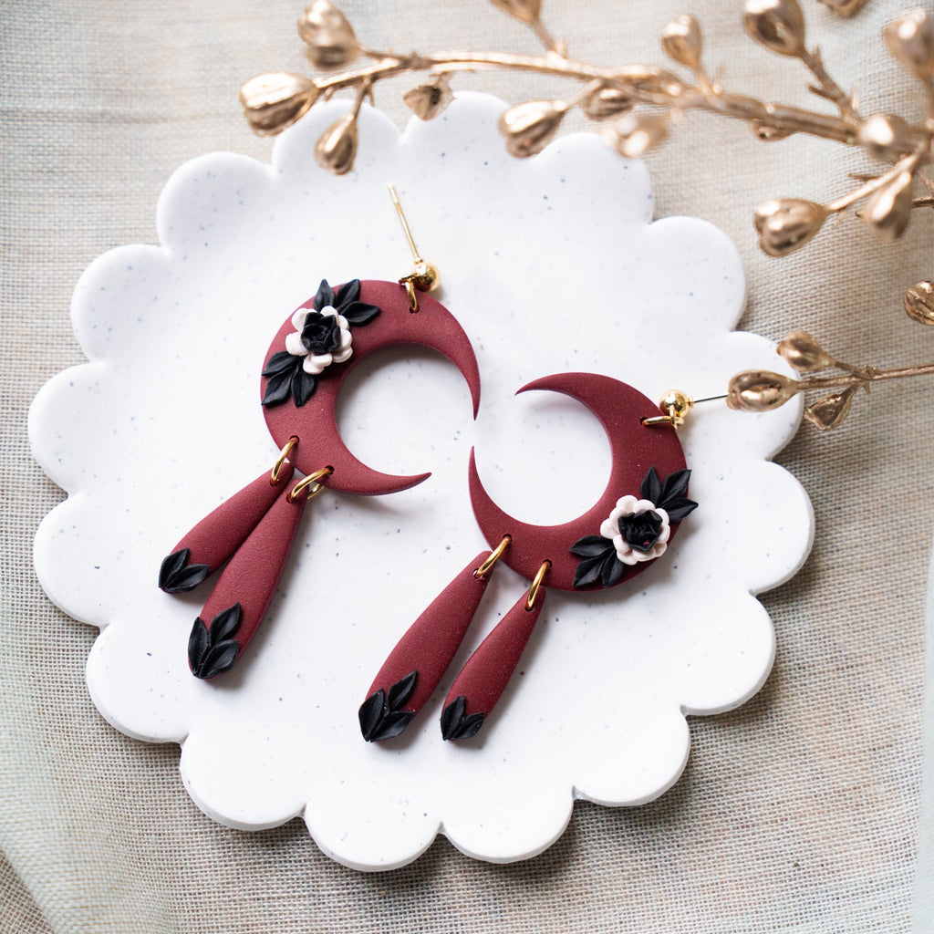 'Selene' in Autumn Moon: Black and White Floral Maroon Moon Dangle Earrings