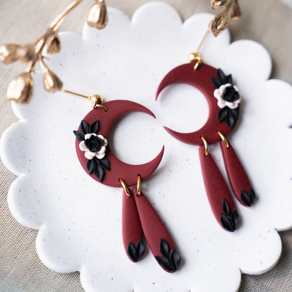 'Selene' in Autumn Moon: Black and White Floral Maroon Moon Dangle Earrings