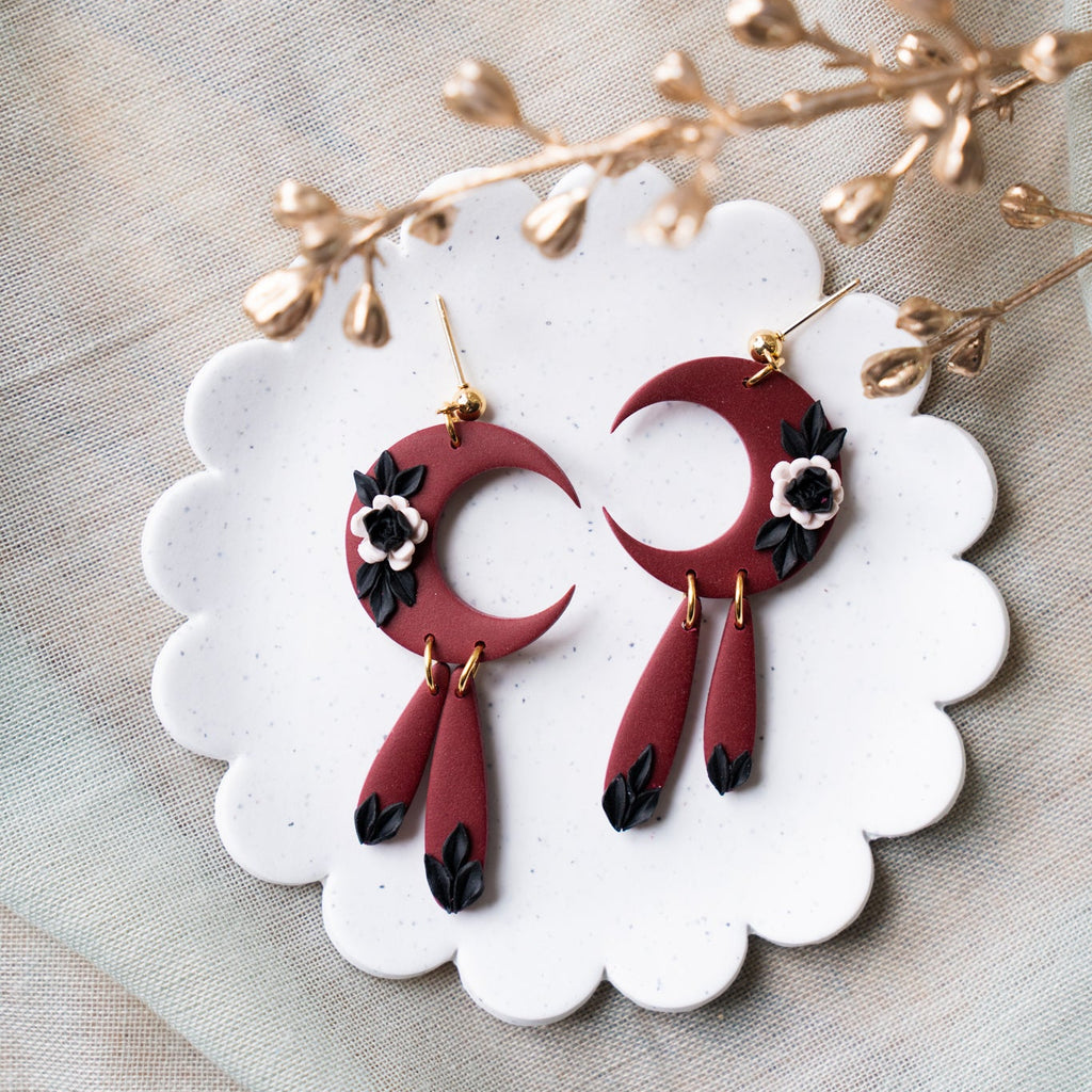 'Selene' in Autumn Moon: Black and White Floral Maroon Moon Dangle Earrings