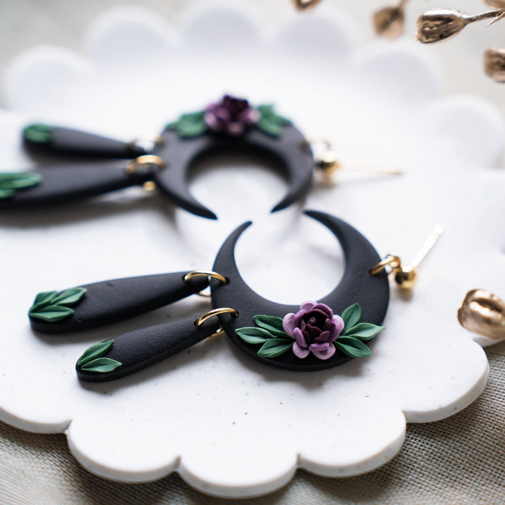 'Selene' in Wildflower Moon: Purple Floral Black Moon Dangle Earrings