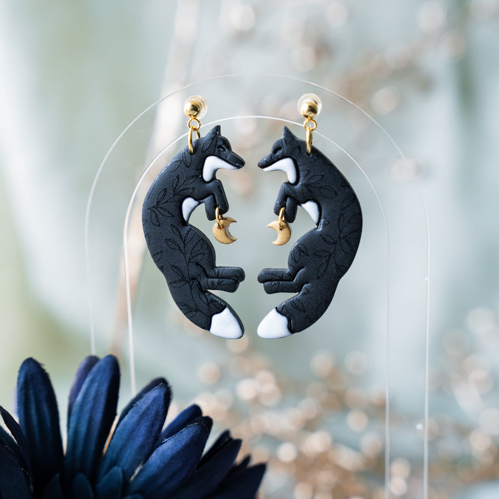 "Moonlit Foxes" Black Fox Dangle Earrings