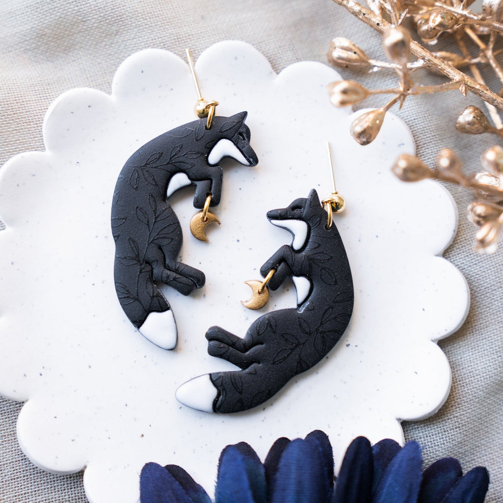 "Moonlit Foxes" Black Fox Dangle Earrings