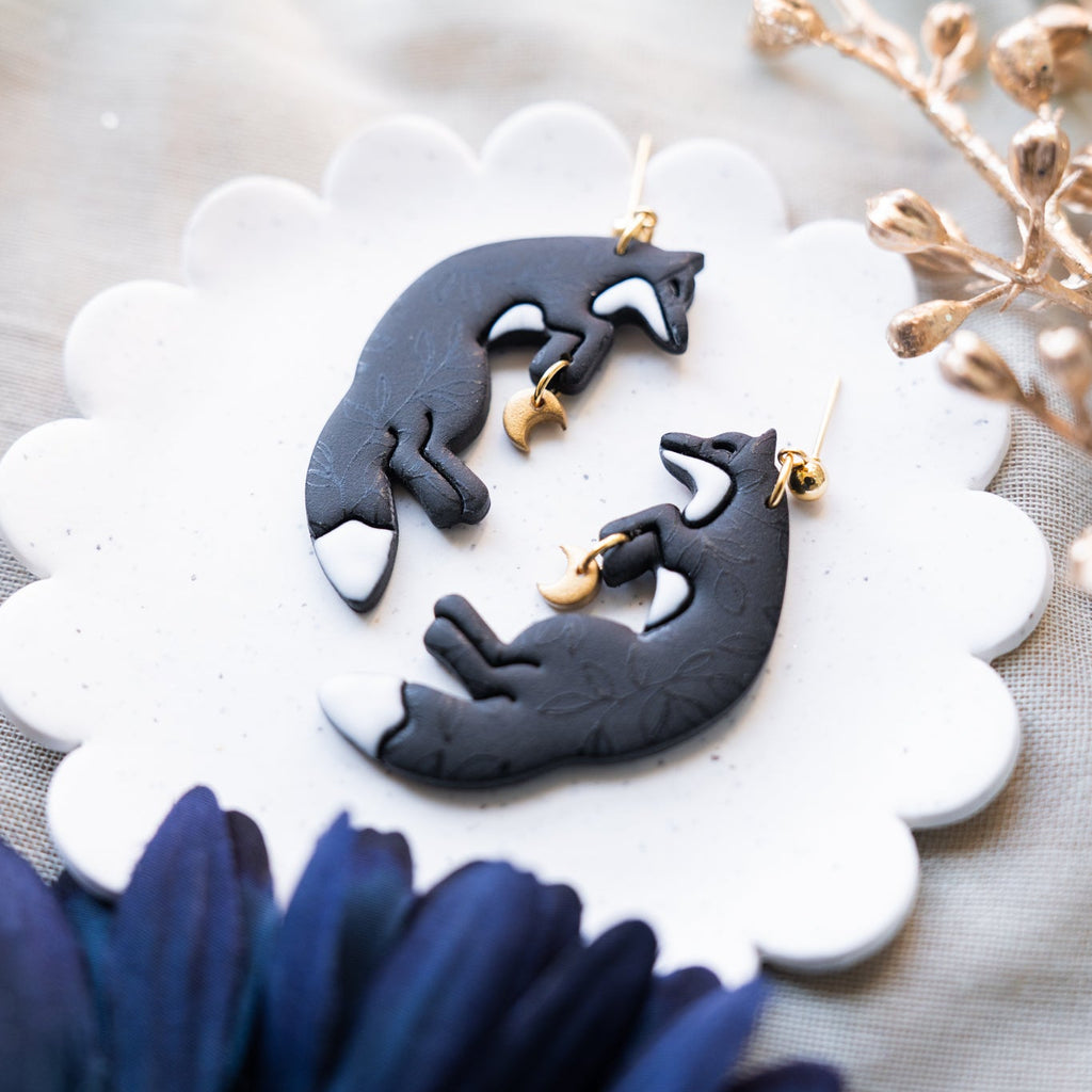 "Moonlit Foxes" Black Fox Dangle Earrings